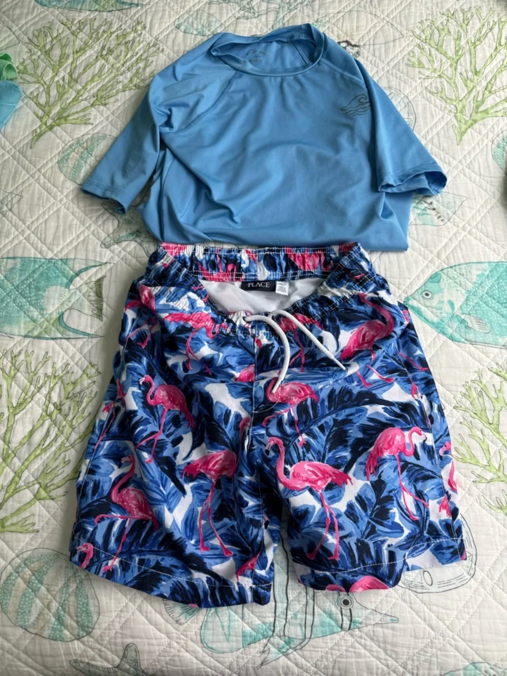 Kids large Blue Rash Guars and large Children’s Place Flamingo Print Swim Trunks